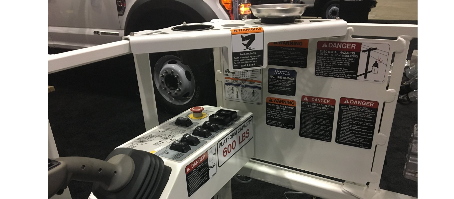 Safety and warning decals on industrial lift equipment